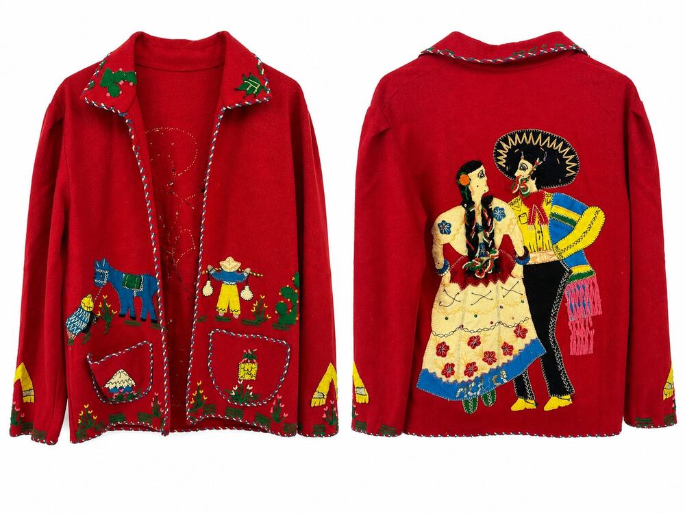 Handmade Vintage Mexican Folk Art Wool Jacket Embroidered Applique Red Womens M